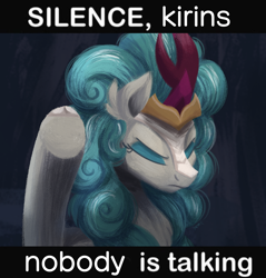 Size: 1180x1234 | Tagged: safe, artist:candy meow, imported from derpibooru, rain shine, kirin, pony, sounds of silence, chest fluff, cloven hooves, ear fluff, eyes closed, female, kingdom of heaven, meme, ponified, ponified meme, raised hoof, solo, text