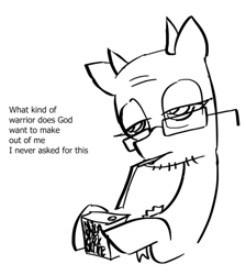 Size: 486x543 | Tagged: safe, anonymous artist, artist:anonymous, imported from twibooru, demon, demon pony, earth pony, original species, pony, bald, beard, black and white, dialogue, drinking, english, english text dialogue, facial hair, female, glasses, grayscale, holding, holding object, horns, image, mare, monochrome, not soyjak.party, png, solo, soygem.party, soyjak, straw, straw in mouth, text, tired, tired eyes