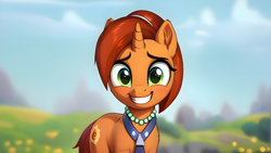 Size: 7680x4320 | Tagged: safe, imported from derpibooru, stellar flare, pony, unicorn, ai content, ai generated, clothes, female, grass, grass field, high res, horn, jewelry, looking at you, mare, necklace, outdoors, prompter:bluetoothworld, sky, smiling, smiling at you, solo