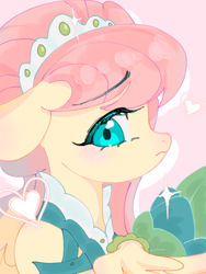 Size: 1080x1440 | Tagged: safe, artist:meijiangu, imported from derpibooru, fluttershy, pegasus, pony, blushing, clothes, crown, dress, female, heart, jewelry, mare, regalia, solo