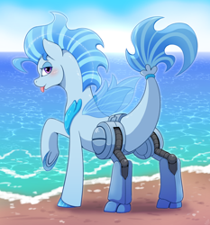 Size: 1400x1500 | Tagged: safe, artist:vavacung, imported from derpibooru, oc, oc only, seapony (g4), amputee, beach, blue mane, blue skin, lidded eyes, looking at you, looking back, ocean, prosthetic limb, prosthetics, raised tail, robotic legs, solo, tail, tongue out, water