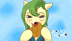 Size: 3508x1974 | Tagged: safe, artist:bluishdraft, imported from derpibooru, oc, oc only, oc:nettle vienna, pony, bust, female, looking at you, mare, solo, squid game