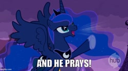 Size: 666x374 | Tagged: safe, imported from derpibooru, screencap, princess luna, luna eclipsed, caption, fabulous secret powers, heyyeyaaeyaaaeyaeyaa, hub logo, image macro, imgflip, logo, song reference, text, the hub