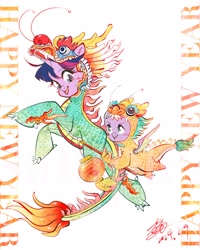 Size: 2008x2504 | Tagged: safe, artist:tina1804, imported from derpibooru, spike, twilight sparkle, dragon, pony, unicorn, blushing, chinese dragon, cute, dragon costume, duo, duo male and female, female, happy new year, holiday, horn, lantern, male, mare, open mouth, paper lantern, simple background, smiling, spikabetes, text, twiabetes, white background, winged spike, wings