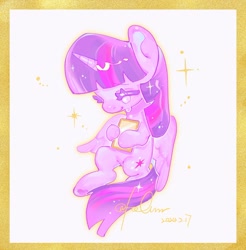 Size: 1318x1341 | Tagged: safe, artist:hc-yhccz, imported from derpibooru, twilight sparkle, alicorn, pony, eyes closed, female, mare, passepartout, smiling, sparkles, text, twilight sparkle (alicorn)