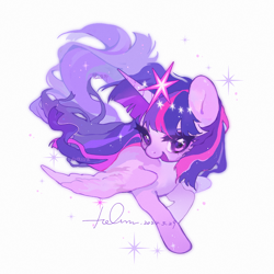 Size: 2048x2048 | Tagged: safe, artist:hc-yhccz, imported from derpibooru, twilight sparkle, alicorn, pony, female, mare, open mouth, simple background, smiling, sparkles, spread wings, text, twilight sparkle (alicorn), white background, wings