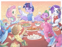 Size: 2160x1620 | Tagged: safe, artist:weixin635, imported from derpibooru, applejack, fluttershy, pinkie pie, rainbow dash, rarity, spike, twilight sparkle, alicorn, dragon, earth pony, fish, pegasus, pony, unicorn, abstract background, blushing, bowl, cake, cheongsam, chinese dress, clothes, cute, dashabetes, diapinkes, dress, dumplings, eyes closed, female, food, fur trim, glass, grin, hoof hold, horn, jackabetes, jacket, mane seven, mane six, mare, one eye closed, open mouth, passepartout, plate, raribetes, shyabetes, smiling, spikabetes, spread wings, table, twiabetes, twilight sparkle (alicorn), winged spike, wings