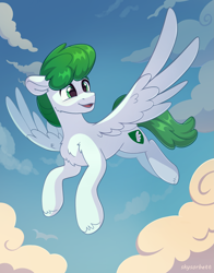 Size: 2043x2604 | Tagged: safe, artist:skysorbett, imported from derpibooru, oc, oc only, oc:mintfeather, pegasus, pony, cloud, flying, male, pegasus oc, sky, solo, spread wings, stallion, wings