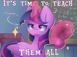 Size: 2250x1677 | Tagged: safe, artist:miryelis, imported from derpibooru, twilight sparkle, alicorn, pony, top bolt, airhorn, big ears, chalkboard, female, magic, mare, serious, solo, sparkles, teacher, telekinesis, text, twilight sparkle (alicorn)