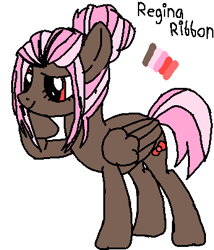 Size: 346x404 | Tagged: safe, artist:maremaxxer, oc, oc only, oc:regina ribbon, pegasus, pony, base used, bow, brown coat, bun, female, hair bow, hair bun, hair tied, mare, maremaxxer, photo, pink mane, raised hoof, red eyes, reference sheet, solo, two toned mane