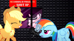 Size: 1536x862 | Tagged: safe, artist:jhayarr23, artist:oblivionfall, imported from derpibooru, applejack, rainbow dash, earth pony, pegasus, pony, female, looking at you, mare, microphone, one eye closed, recording studio, shut up, solo, wink, winking at you