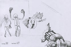 Size: 1224x823 | Tagged: safe, artist:adeptus-monitus, imported from derpibooru, princess flurry heart, alicorn, pony, undead, zombie, gravity gun, half-life, knife, monochrome, traditional art