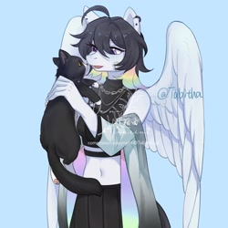 Size: 2048x2048 | Tagged: safe, artist:tabithaqu, imported from derpibooru, oc, oc only, anthro, cat, pegasus, anthro oc, commission, pegasus oc, solo, watermark, wings, ych result