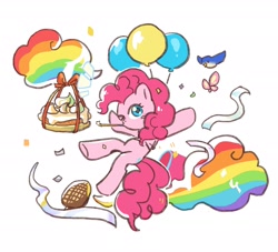 Size: 2074x1885 | Tagged: safe, artist:高纯度灰, imported from derpibooru, pinkie pie, bird, earth pony, pony, balloon, female, food, mare, one eye closed, party horn, pastry, simple background, solo, white background