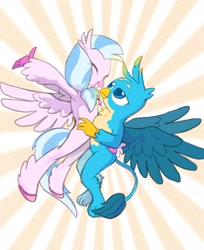 Size: 2007x2465 | Tagged: safe, artist:高纯度灰, imported from derpibooru, gallus, silverstream, griffon, hippogriff, blushing, duo, duo male and female, female, hug, male, patterned background, smiling, sunburst background