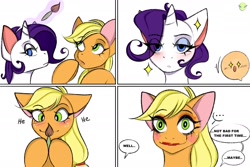 Size: 2560x1707 | Tagged: safe, artist:namelessplaza, imported from derpibooru, applejack, rarity, earth pony, pony, unicorn, 4 panel comic, blushing, brush, comic, comic page, female, horn, magic, makeup, mare, meme, speech bubble, there was an attempt