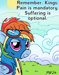 Size: 2086x2642 | Tagged: safe, artist:pony-berserker, imported from derpibooru, rainbow dash, beaten up, clothes, cloud, dalai lama, motivational, motivational poster, quote, sun, uniform, wonderbolts, wonderbolts uniform