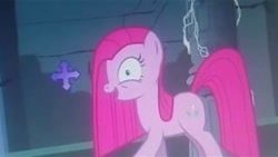 Size: 320x180 | Tagged: safe, imported from twibooru, pinkie pie, +, female, image, insanity, needs more jpeg, pinkamena diane pie, solo