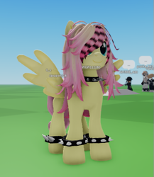 Size: 437x504 | Tagged: safe, imported from derpibooru, screencap, fluttershy, pegasus, pony, collar, emoshy, female, game screencap, mare, roblox, scene hair, scene kid, sceneshy, solo, spiked collar, spiked wristband, wristband