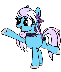 Size: 736x872 | Tagged: safe, artist:maremaxxer, oc, oc only, oc:witchy whirlpool, earth pony, pony, base used, blue coat, bow, choker, female, gray eyes, grey hooves, hair bow, hair ribbon, hooves, jewelry, long mane, mare, necklace, photo, raised hoof, ribbon, solo, tricolor mane