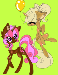 Size: 1163x1493 | Tagged: safe, artist:aspenglowe, imported from derpibooru, oc, oc only, pony, unicorn, 2012, balloon, duo, duo female, female, green background, horn, mare, simple background, smiling