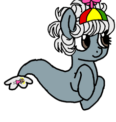 Size: 736x775 | Tagged: safe, artist:maremaxxer, oc, oc only, oc:trinket toy, earth pony, pony, seapony (g4), base used, blue coat, brown eyes, female, gray coat, hat, mare, messy mane, photo, propeller hat, short mane, simple background, solo, species swap, white mane