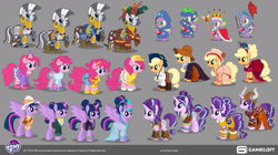 Size: 1920x1074 | Tagged: safe, artist:vladisfender, imported from derpibooru, applejack, pinkie pie, spike, starlight glimmer, twilight sparkle, zecora, alicorn, dragon, earth pony, pony, unicorn, zebra, alternate hairstyle, behind the scenes, clothes, costume, female, gameloft, horn, mare, movie accurate, my little pony: magic princess, show accurate, simple background