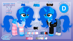 Size: 10240x5760 | Tagged: safe, artist:iamaveryrealperson, imported from derpibooru, oc, oc only, oc:"d", pony, unicorn, blue coat, blue mane, blue pony, brown eyes, closed mouth, clothes, colored, cutie mark, denim, eyelashes, female, gradient background, hoodie, horn, jacket, jeans, leather, leather jacket, long hair, long mane, long tail, mare, name, pants, pink socks, pocket, pockets, pride, pride flag, programming socks, reference, reference sheet, shoes, signature, socks, solo, standing, striped socks, tail, text, thigh highs, trans female, transgender, transgender oc, transgender pride flag, unicorn horn, unicorn oc, zipper