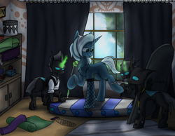 Size: 2673x2079 | Tagged: safe, artist:ashel_aras, imported from derpibooru, oc, oc only, changeling, pony, unicorn, among us, boutique, changeling oc, clothes, curtains, horn, room, socks, stockings, thigh highs, window