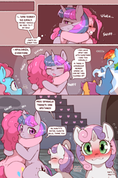 Size: 960x1440 | Tagged: safe, alternate version, artist:cold-blooded-twilight, imported from derpibooru, cup cake, pinkie pie, pokey pierce, rainbow dash, scootaloo, sweetie belle, twilight sparkle, cold blooded twilight, comic:cold storm, blushing, comic, crying, dialogue, female, filly, foal, speech bubble, thought bubble