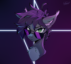 Size: 1668x1506 | Tagged: safe, artist:cmdrtempest, imported from derpibooru, oc, oc only, oc:maxine morris, bat pony, pony, bust, female, glasses, looking at you, mare, neon, simple background, solo