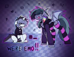 Size: 787x612 | Tagged: safe, artist:flixanoa, imported from derpibooru, oc, oc:fef, oc:scrimmy, bat pony, unicorn, bracelet, checkered background, checkered floor, clothes, duo, emo, fangs, hair dye, hoodie, horn, jewelry, music notes, rainbow, sad, screaming, shirt, sitting, socks, standing, t-shirt