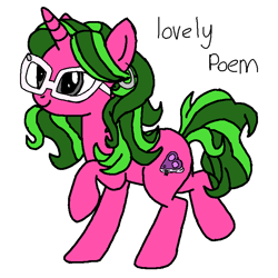 Size: 736x736 | Tagged: safe, artist:maremaxxer, oc, oc only, oc:lovely poem, pony, unicorn, base used, ear piercing, earring, female, glasses, gray eyes, green mane, hair highlights, hoop earrings, jewelry, mare, photo, piercing, pink coat, raised hoof, reference sheet, silver, simple background, solo