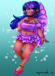 Size: 2550x3569 | Tagged: safe, artist:mylittleyuri, imported from derpibooru, twilight sparkle, human, alicorn humanization, alternate hairstyle, anklet, belly, belly button, blushing, breasts, choker, clothes, cute, cute little fangs, dark skin, elf ears, fangs, feet, female, horn, horned humanization, humanized, jewelry, sandals, solo, swimsuit, twiabetes, winged humanization, wings