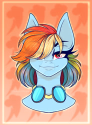 Size: 1024x1393 | Tagged: safe, artist:darklordmonte, imported from derpibooru, rainbow dash, pegasus, pony, bust, cutie mark background, deviantart watermark, female, goggles, hair over one eye, mare, obtrusive watermark, portrait, signature, smiling, solo, watermark, wingding eyes