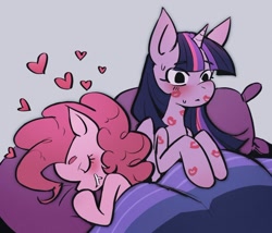 Size: 1024x877 | Tagged: safe, artist:ronron___milk, imported from derpibooru, pinkie pie, twilight sparkle, alicorn, earth pony, pony, bed, bedroom, blanket, blushing, duo, duo female, eyes closed, female, gray background, grin, heart, kiss mark, lesbian, lipstick, mare, shipping, simple background, sleeping, smiling, twilight sparkle (alicorn), twinkie