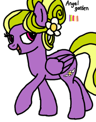 Size: 736x933 | Tagged: safe, artist:maremaxxer, oc, oc only, oc:angel garden, pegasus, pony, base used, bun, female, green mane, hair bun, hair flower, hair highlights, hair tied, hair up, mare, photo, purple coat, red eyes, solo