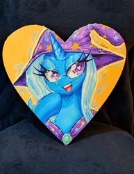 Size: 2256x2927 | Tagged: safe, artist:floralshitpost, imported from derpibooru, trixie, pony, unicorn, canvas, eyelashes, gem, hat, heart, heart eyes, horn, lidded eyes, painting, photo, smug, traditional art, wingding eyes