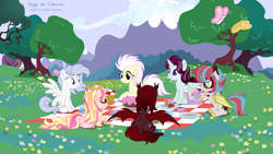 Size: 4500x2531 | Tagged: safe, artist:vi45, imported from derpibooru, oc, oc only, bat pony, earth pony, pegasus, pony, unicorn, cake, female, food, horn, mare, picnic blanket, teapot