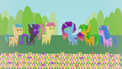 Size: 1920x1080 | Tagged: safe, artist:carrotorangelight, imported from derpibooru, hitch trailblazer, izzy moonbow, oc, oc:aurora star, oc:orangelight amber, earth pony, pony, unicorn, female, flower, g5, horn, male, misty brightdawn, pointy ponies, posey bloom, rebirth misty, tulip