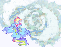 Size: 2600x2000 | Tagged: safe, artist:bishopony, imported from derpibooru, rainbow dash, pegasus, pony, blush scribble, blushing, cloud, colored pupils, female, high angle, high res, looking at you, looking back, looking back at you, mare, on a cloud, overhead view, partially open wings, signature, sitting, sitting on a cloud, smiling, smiling at you, solo, wings