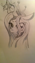 Size: 1520x2688 | Tagged: safe, artist:anonymous, imported from twibooru, queen chrysalis, changeling, changeling queen, /mlp/, 4chan, bust, drawthread, fangs, female, image, mistletoe, monochrome, needs more jpeg, portrait, solo, traditional art