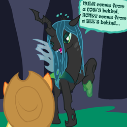 Size: 800x800 | Tagged: safe, artist:anonymous, imported from twibooru, applejack, queen chrysalis, changeling, changeling queen, earth pony, pony, /mlp/, 4chan, applejack's hat, changeling slime, cowboy hat, dialogue, drawthread, fangs, female, hat, image, mare, open mouth, png, raised hoof, slit pupils, talking