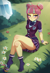 Size: 2496x3648 | Tagged: safe, imported from derpibooru, sour sweet, human, equestria girls, ai content, ai generated, blurry background, clothes, freckles, grass, hair bun, logo, prompter:trux23, relaxing, sitting, socks, solo