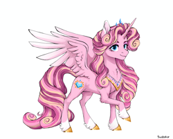 Size: 1280x1029 | Tagged: safe, artist:swabakar, imported from derpibooru, princess cadance, alicorn, pony, alternate design, female, fetlock tuft, looking at you, mare, raised hoof, signature, smiling, smiling at you, solo, spread wings, wings