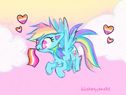 Size: 1241x931 | Tagged: safe, artist:flutterberrypie, imported from derpibooru, rainbow dash, pegasus, pony, female, floating heart, heart, lesbian pride flag, mare, mouth hold, no pupils, pride, pride flag, signature, sky background, solo, sunset