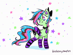 Size: 1433x1066 | Tagged: safe, artist:flutterberrypie, imported from derpibooru, oc, oc only, earth pony, pony, bow, clothes, female, hair bow, mare, necktie, ponysona, signature, simple background, socks, solo, stars, striped socks, tail, tail bow, waving, waving at you, white background