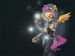 Size: 1280x967 | Tagged: safe, artist:redheadfly, imported from derpibooru, scootaloo, anthro, clothes, magic, solo