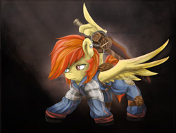 Size: 1280x967 | Tagged: safe, artist:redheadfly, imported from derpibooru, oc, oc:fuego, pegasus, pony, clothes, male, solo, stallion, sword, weapon, wing hands, wings