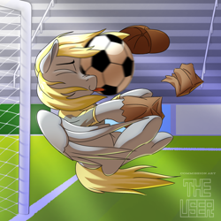 Size: 2000x2000 | Tagged: safe, artist:theuser, imported from derpibooru, derpy hooves, pegasus, pony, 4chan, 4chan cup, bag, football, goalie, goalkeeper, hat, paper bag, safest hooves, solo, sports